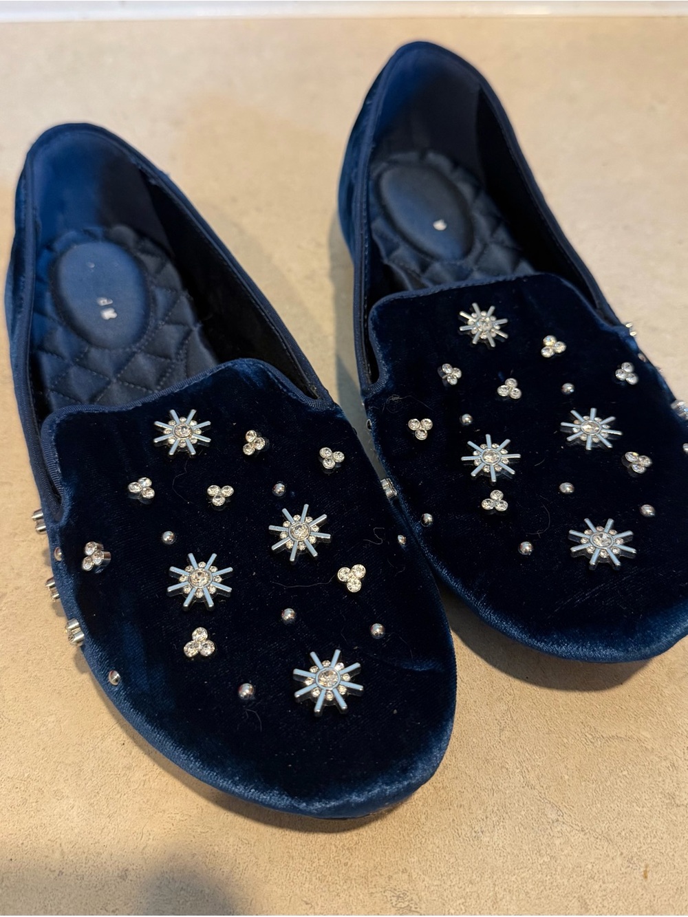 Birdies Navy Velvet Starburst Embellished Flats